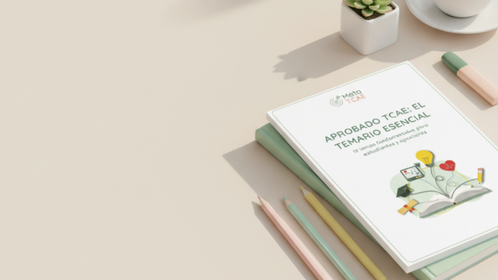Imagen promocional del temario Aprobado TCAE mostrando el producto con espacio para texto en fondo beige.
