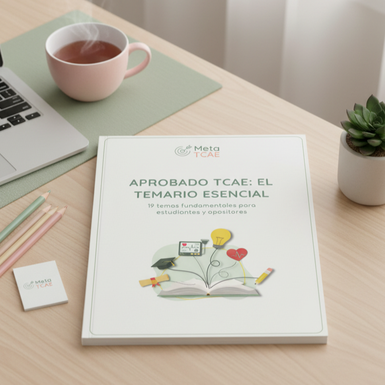 Portada del temario Aprobado TCAE de Meta TCAE sobre escritorio con taza de té y material de estudio.