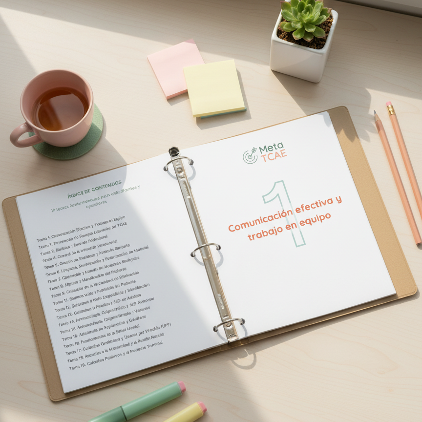 Temario Aprobado TCAE abierto mostrando el tema 1 Comunicación efectiva y trabajo en equipo.