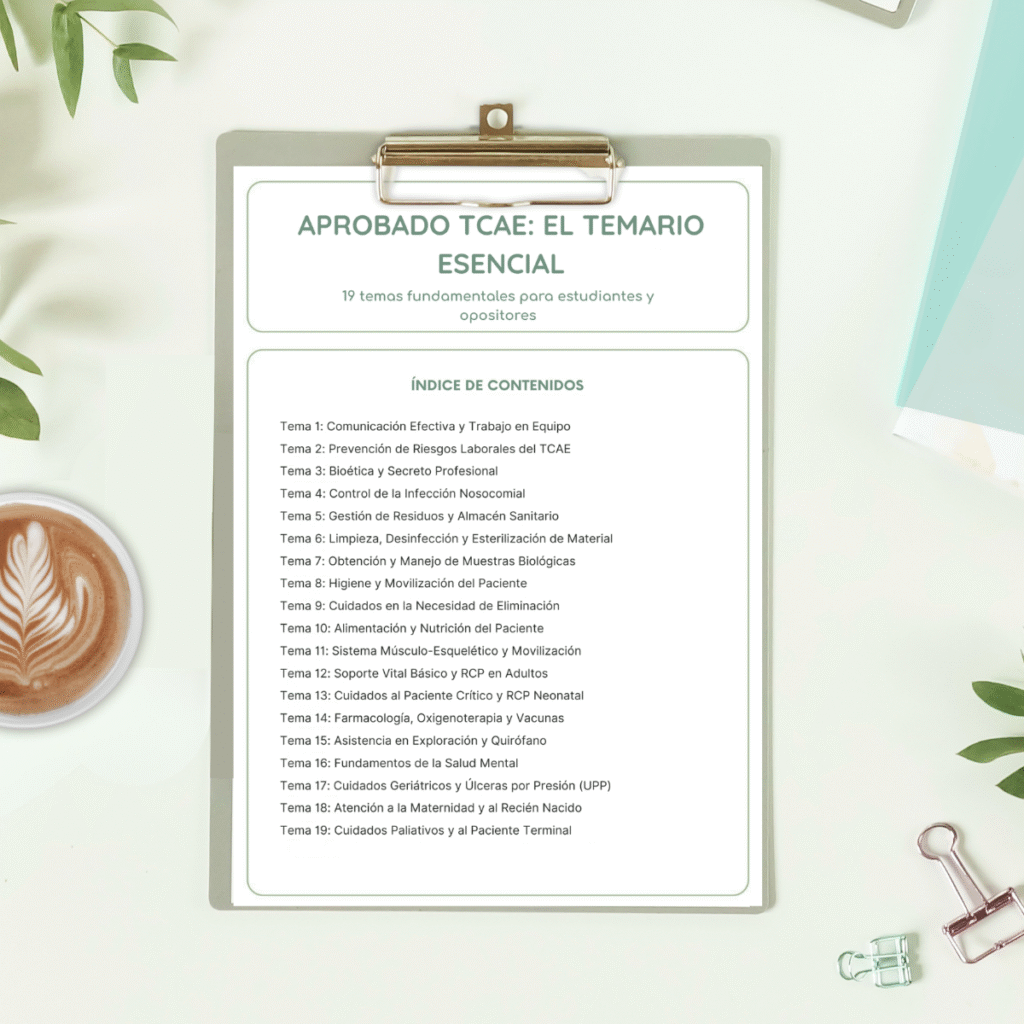 Índice del temario Aprobado TCAE con los 19 temas oficiales para oposiciones de Técnicos en Cuidados Auxiliares de Enfermería.