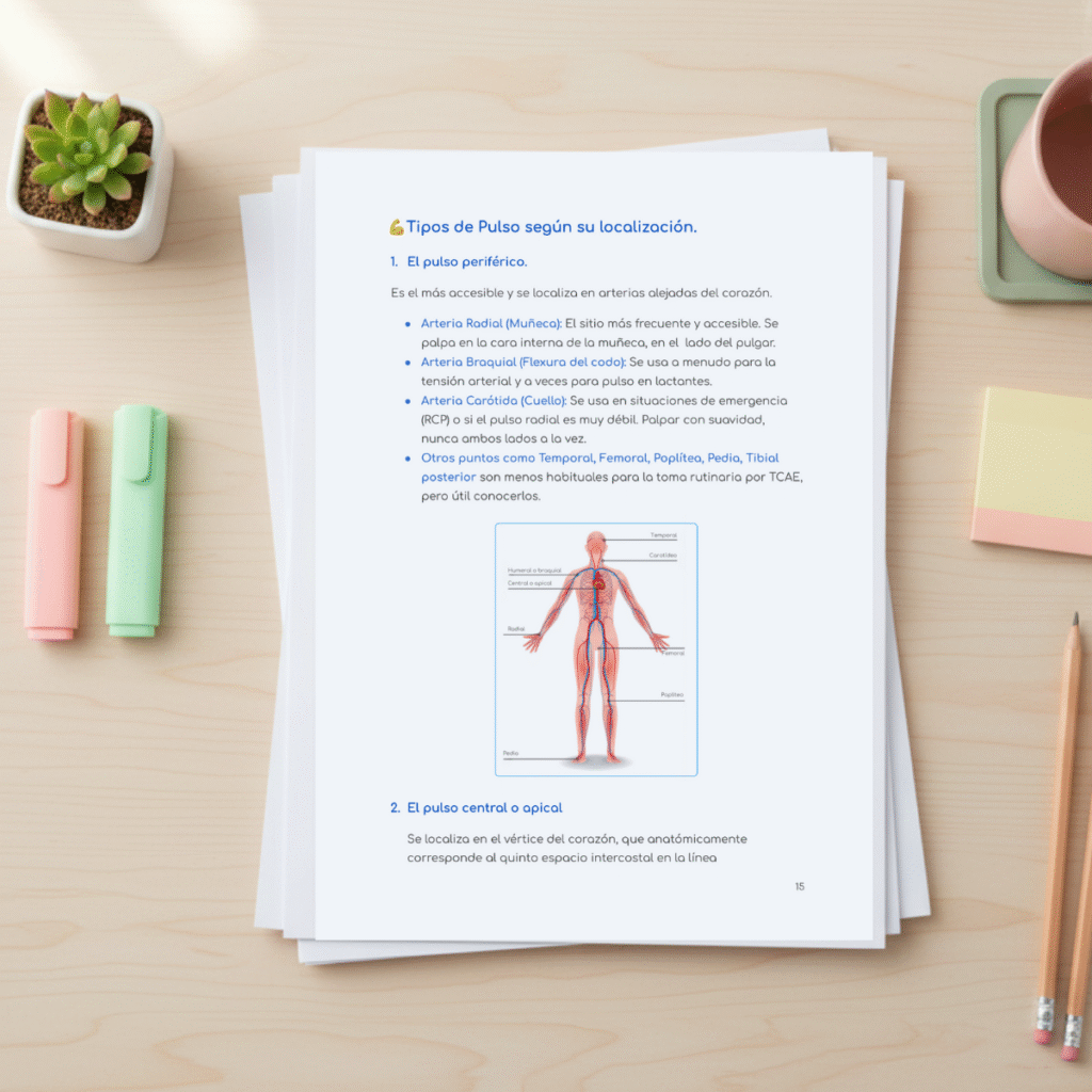 Página interior del temario Aprobado TCAE con esquemas y contenido de ejemplo sobre tipos de pulso.