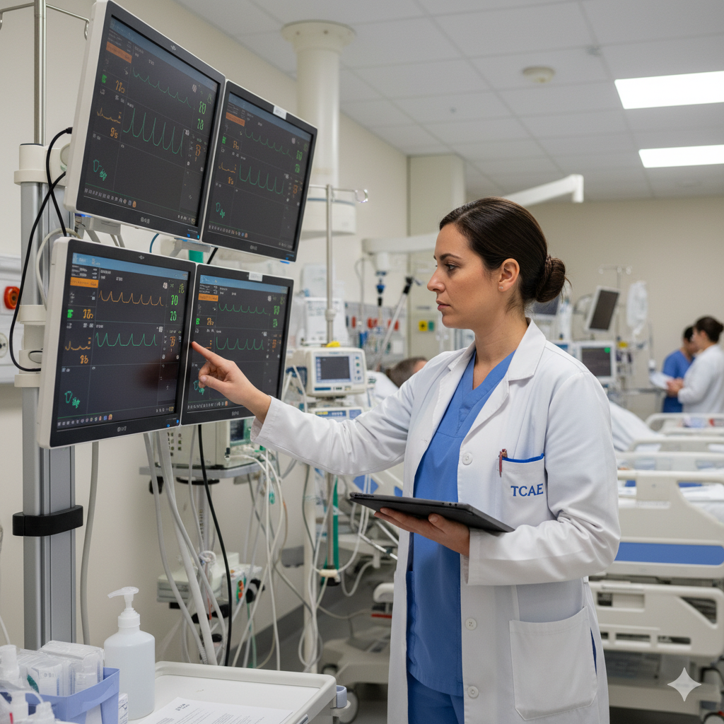 tcae revisando monitores de constantes vitales TCAE revisando monitores de constantes vitales en una unidad de cuidados.